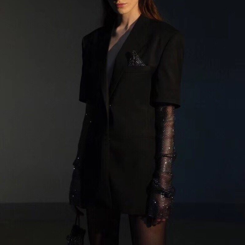 Summer Solid Blazer For Women Long Sleeve Diamond Patchwork