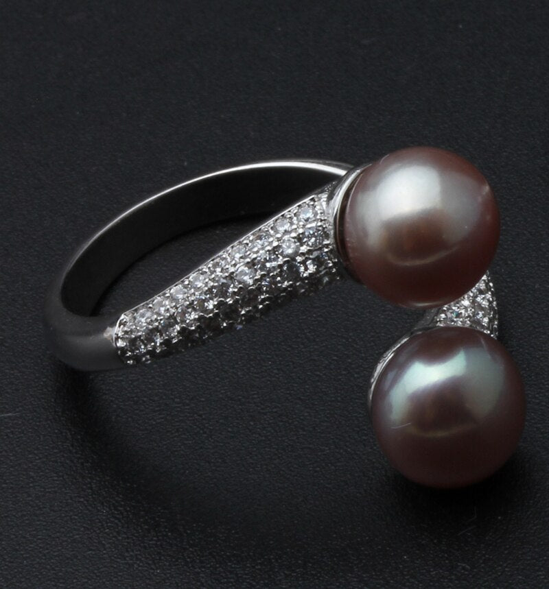 Real 925 Sterling Silver Double Pearl Rings Women,daughter gift bridal black pearl