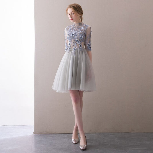 Homecoming Dresses: Prom Dresses Long Half Sleeves Gray Tulle A-Line Floor-Length