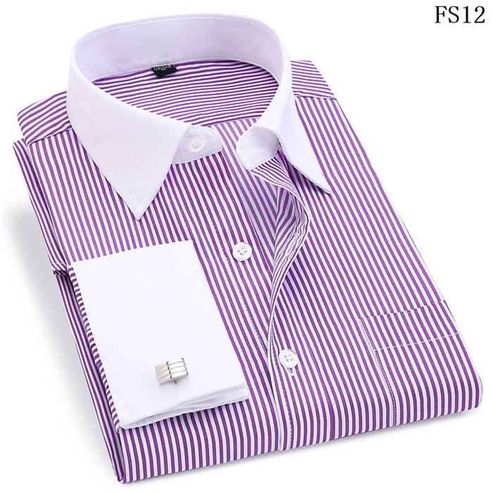 High Quality Striped For Men French Cufflinks Casual Dress Shirts