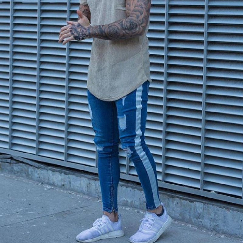 Skinny Jeans Men Hip Hop Stripe Elastic Slim Fit Denim Pants Male Stretchy Pencil