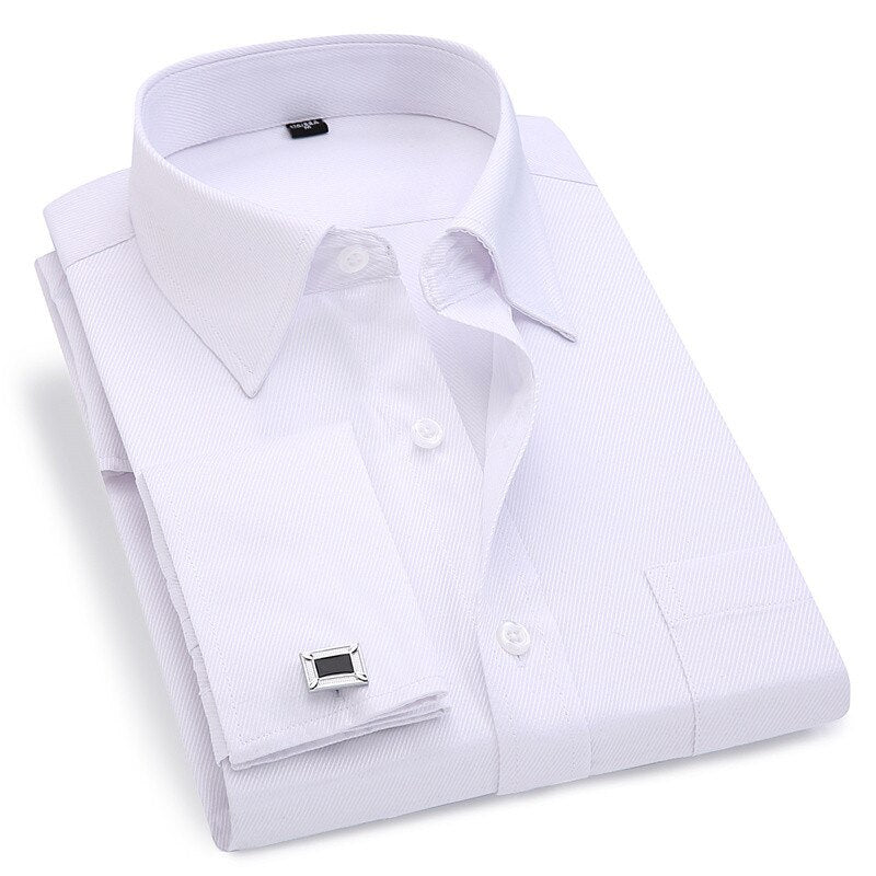 Men 's French Cufflinks Business Dress Shirts Long Sleeves White Blue