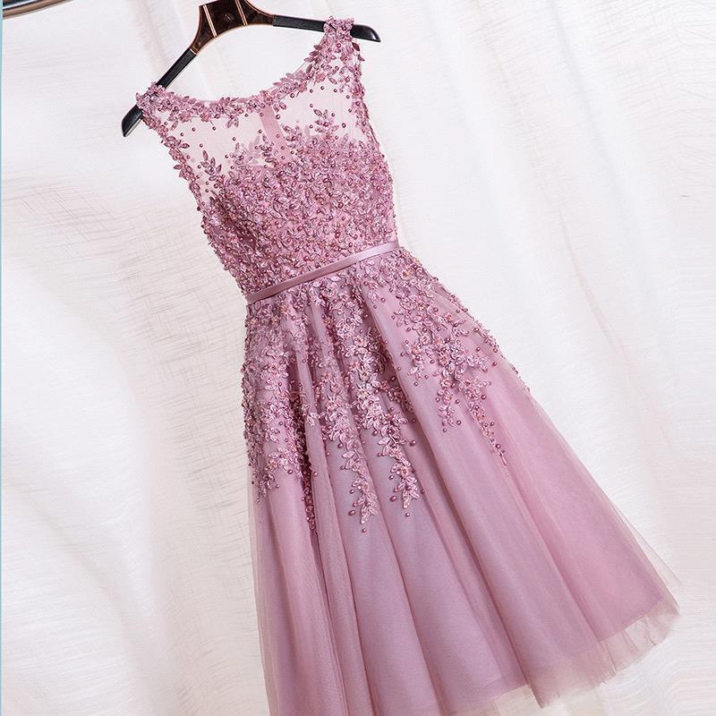 Homecoming Dresses: Lace Short Dress Prom Applique Beaded Prom Gown