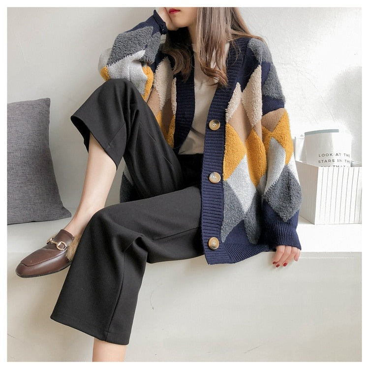 Colorfaith Women's Sweaters Winter Spring Plaid V-Neck Cardigans Button