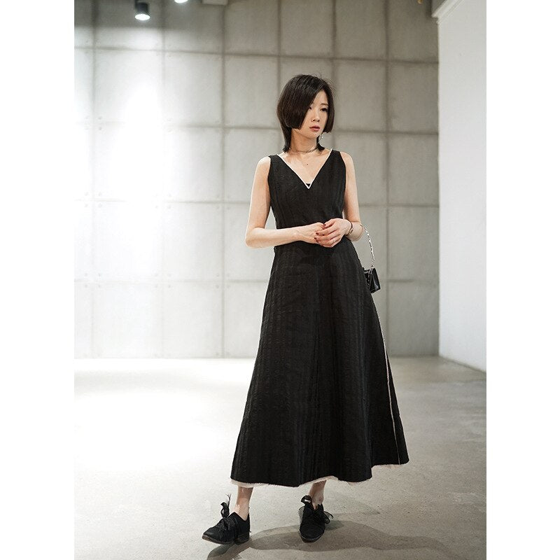 dark black minimalist cool dress small ramie jacquard sleeveless vest dress