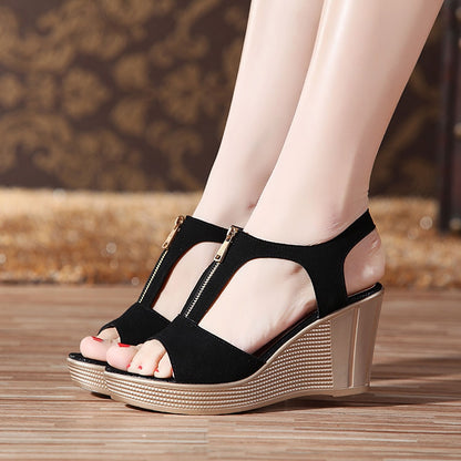 Women Sandals Wedge Sandals Platform Zip Summer Women Shoes Black Peep Toe Ladies Sandals Women Shoes Big Size 43
