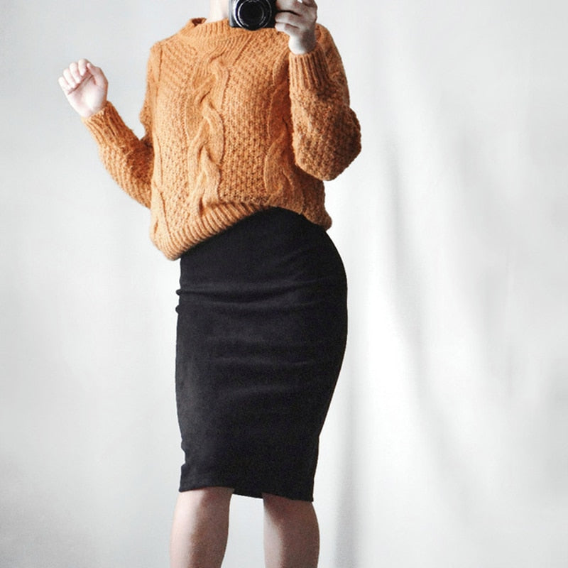 Winter Women Midi Pencil Skirt High Waist Gray Pink