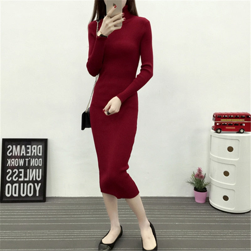 Women Knitted Dress Turtleneck Sweater Dresses Lady Slim