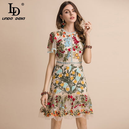 Fashion Runway Summer Dress Women's Flare Sleeve Floral Embroidery