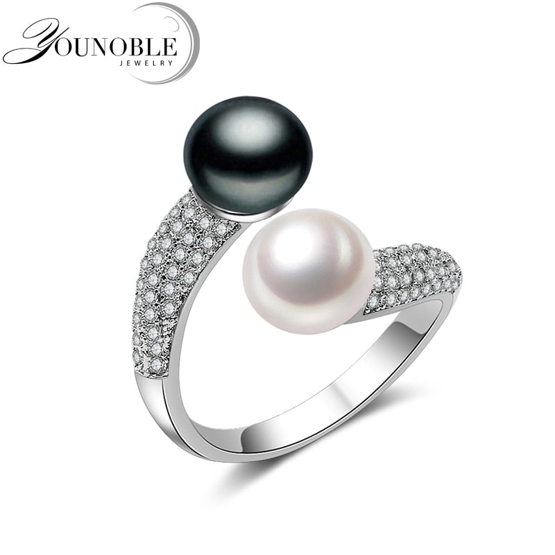 Real 925 Sterling Silver Double Pearl Rings Women,daughter gift bridal black pearl