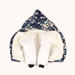 Floral Hooded Girls Down Jacket Fleece Children Outerwear Long Winter Girl