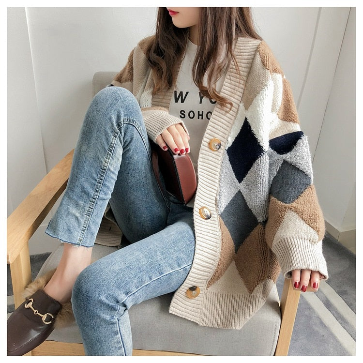 Colorfaith Women's Sweaters Winter Spring Plaid V-Neck Cardigans Button