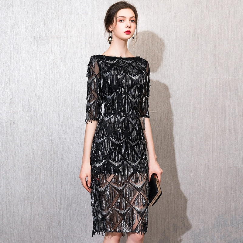 Evening wear Dresses: Half Sleeves Evening Dress Straight Sequin Elegant Women