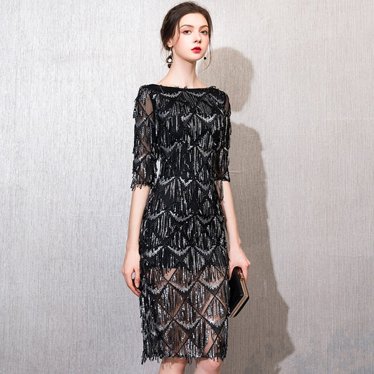 Evening wear Dresses: Half Sleeves Evening Dress Straight Sequin Elegant Women