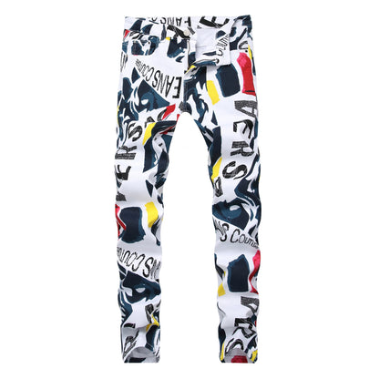 Fashion Painted Denim Slim Fit White Jeans Men Hip Hop Elastic Casual