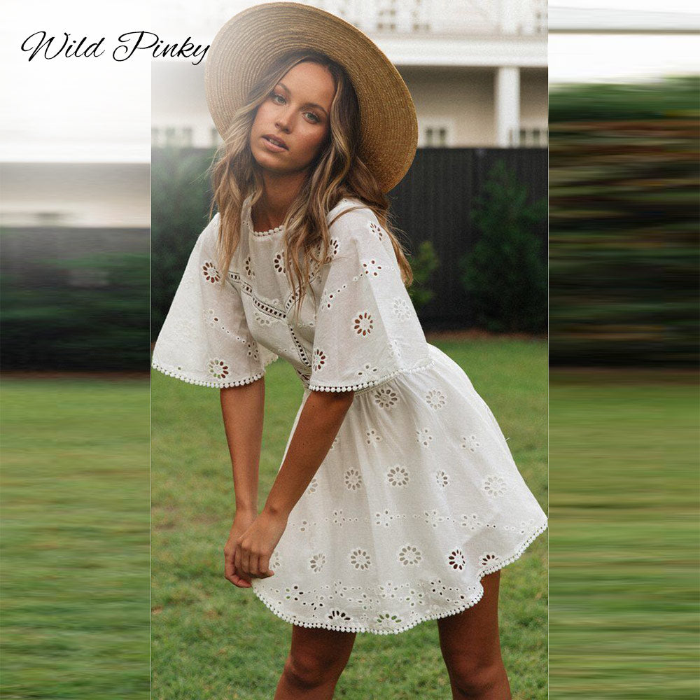 Flare sleeve cotton white lace dress Women casual ladies dress Summer