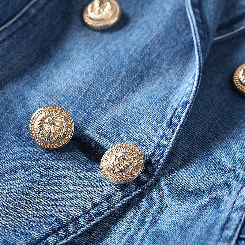 Designer Blazer Women Metal Lion Buttons Double Breasted Denim Blazer Jacket Outer Coat
