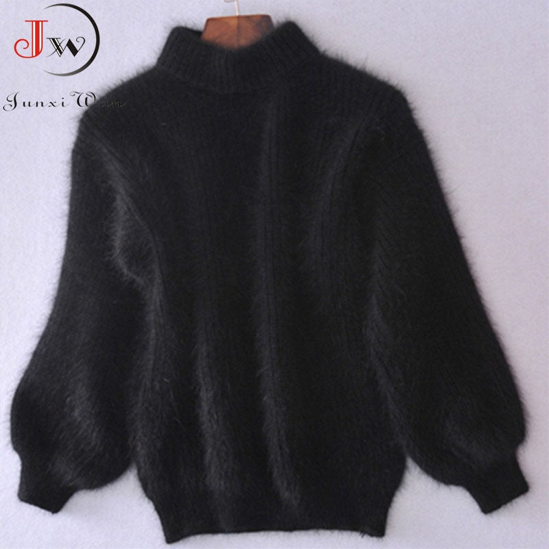White Mohair Thicken Turtleneck Sweater Autumn Winter Sweet Fashion