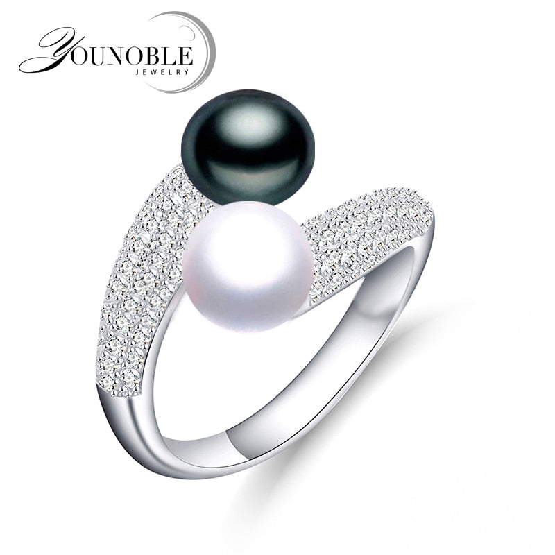 Real 925 Sterling Silver Double Pearl Rings Women,daughter gift bridal black pearl