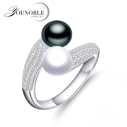 Real 925 Sterling Silver Double Pearl Rings Women,daughter gift bridal black pearl