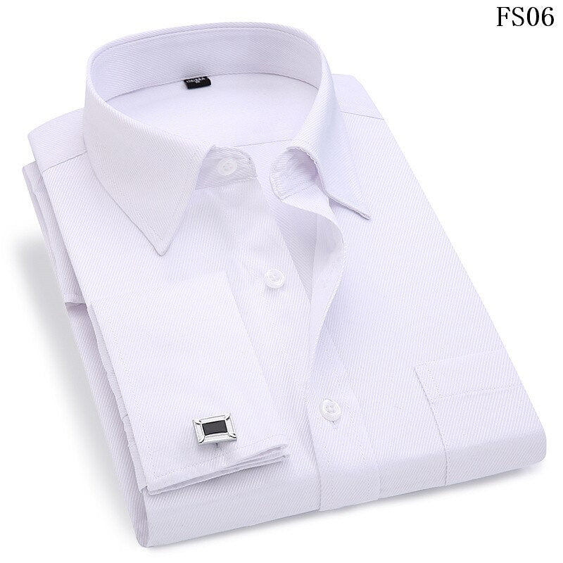Men 's French Cufflinks Business Dress Shirts Long Sleeves White Blue