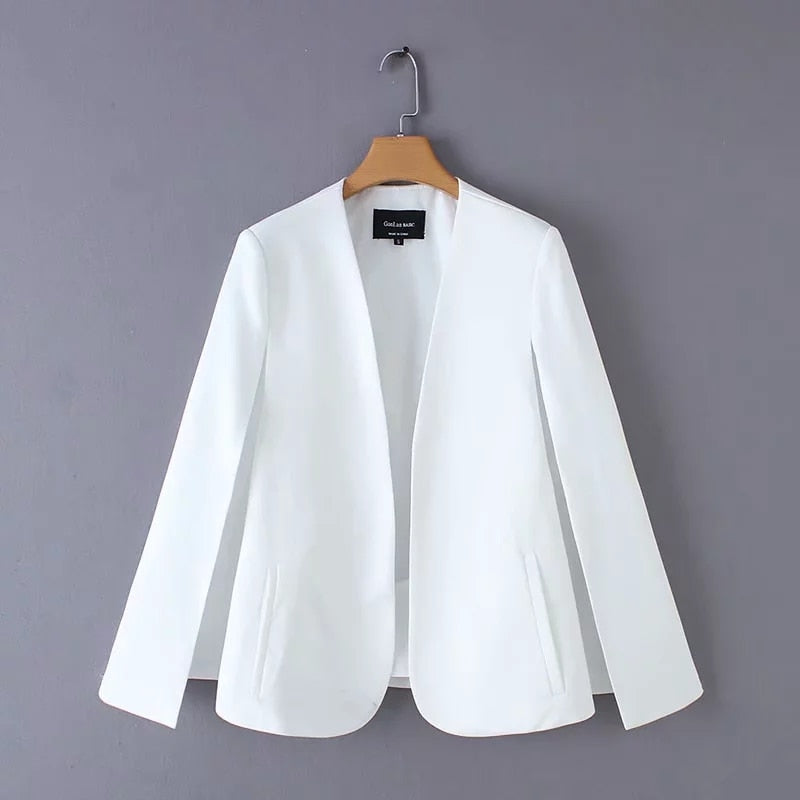 Women Split Design Cloak Suit Coat Office Lady Black White Jacket