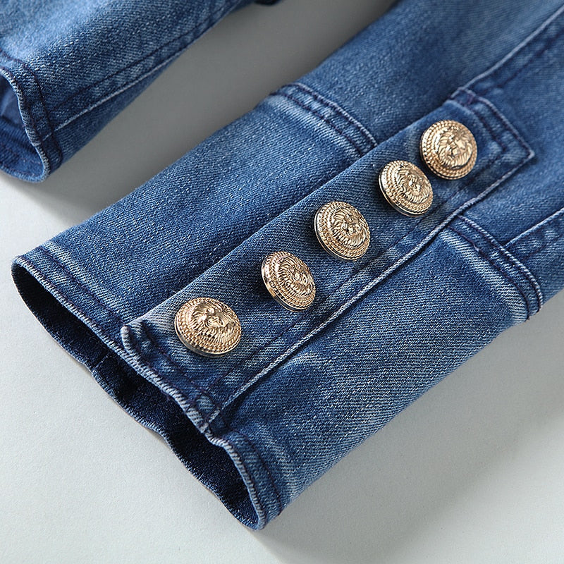 Designer Blazer Women Metal Lion Buttons Double Breasted Denim Blazer Jacket Outer Coat