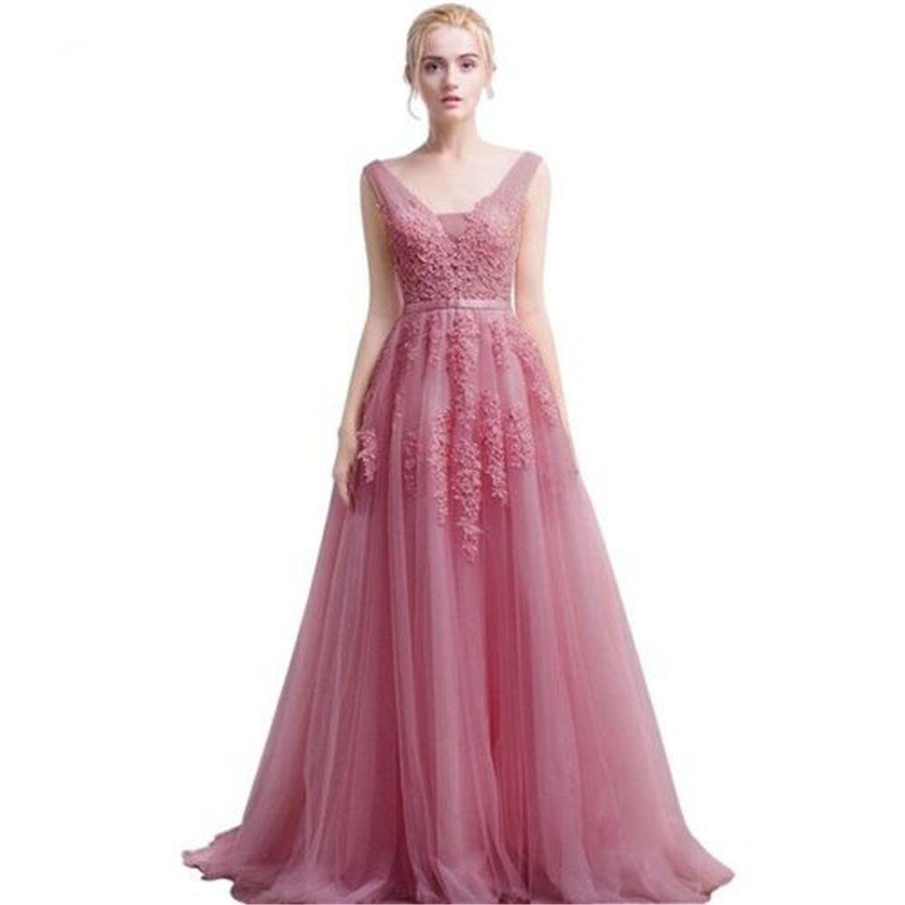Homecoming Dresses: Women Elegant V Neck Tulle Sleeveless Lace Bridesmaid Dress