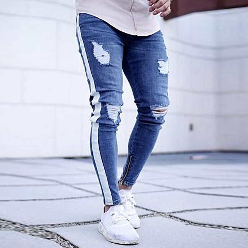 Skinny Jeans Men Hip Hop Stripe Elastic Slim Fit Denim Pants Male Stretchy Pencil