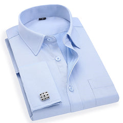 Men 's French Cufflinks Business Dress Shirts Long Sleeves White Blue