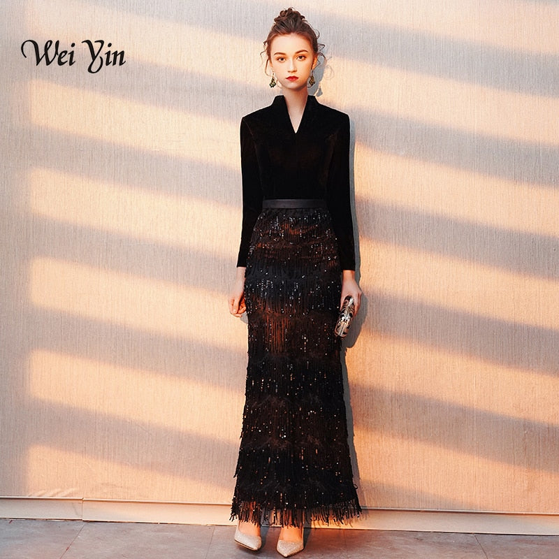 Evening wear Dresses: Evening Dress Banquet Black Velour with Stripe