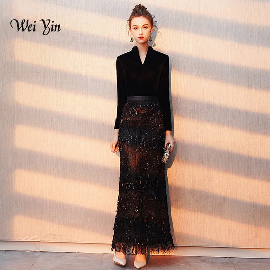Evening wear Dresses: Evening Dress Banquet Black Velour with Stripe