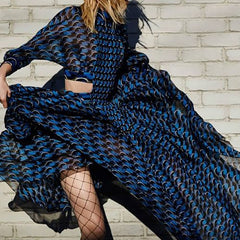 Print Dress For Women Stand Collar Long Sleeve High Waist Hollow Out Midi Dresses