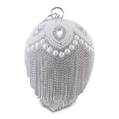 Round Ball Shape Pearl Beaded Tassel Women Evening Gold Handbags Shoulder