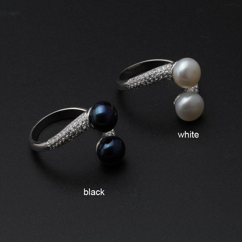 Real 925 Sterling Silver Double Pearl Rings Women,daughter gift bridal black pearl