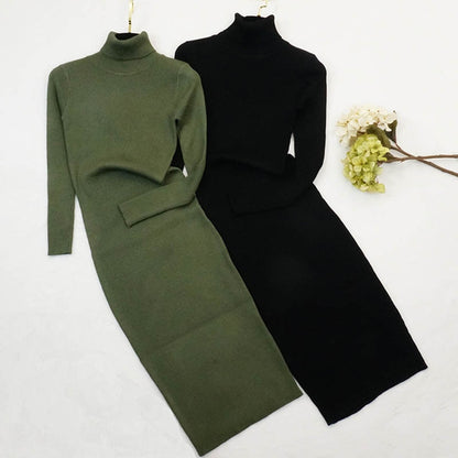 Women Knitted Dress Turtleneck Sweater Dresses Lady Slim