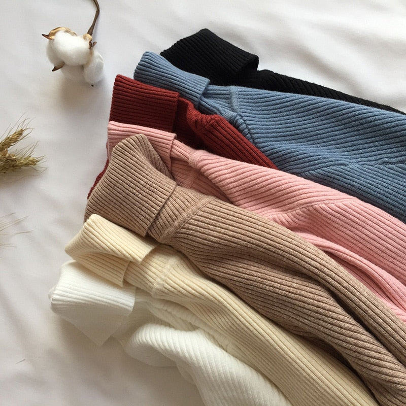 Winter Thick Sweater Women Knitted Ribbed Pullover Sweater Long Sleeve