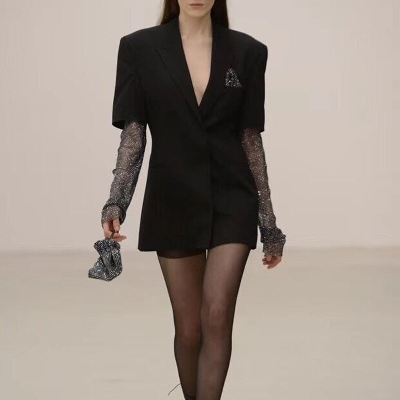 Summer Solid Blazer For Women Long Sleeve Diamond Patchwork