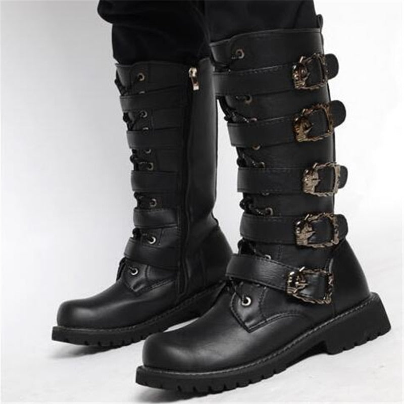 Men's Leather Motorcycle Boots Mid-calf Military Combat Boots Gothic