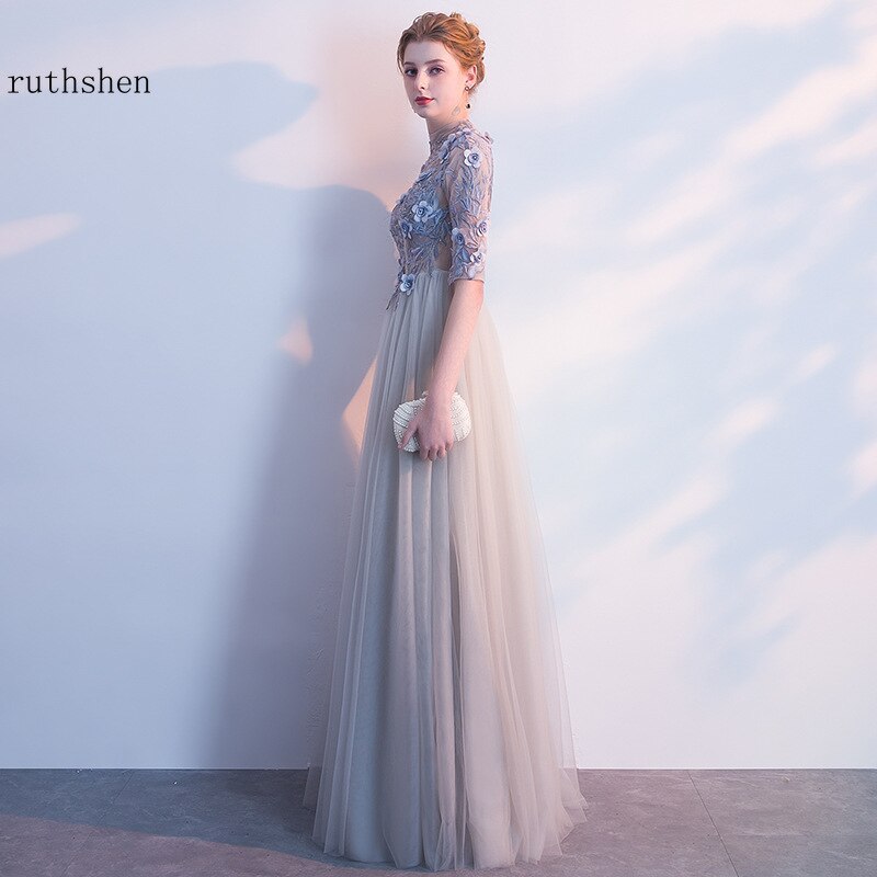 Homecoming Dresses: Prom Dresses Long Half Sleeves Gray Tulle A-Line Floor-Length