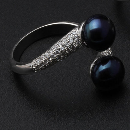 Real 925 Sterling Silver Double Pearl Rings Women,daughter gift bridal black pearl