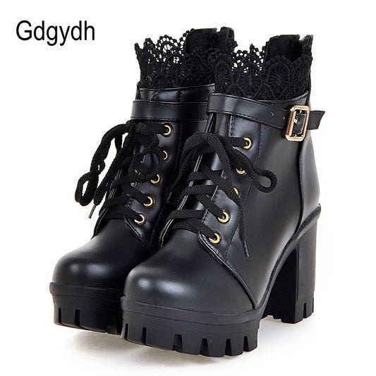 Lace Ankle Boots Thick High Heels Women Boots Lacing