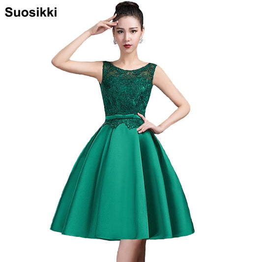 Homecoming Dresses: O-Neck Shoulder Straps Lace Decoration V-Back Elegant Green