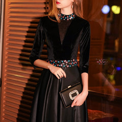 Black Velour Evening Dress Long A-line Party Dress Crystal Half