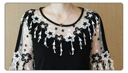 Fashion Elegant Patchwork Floral Lace Chiffon Dress Flare Short Sleeve Black
