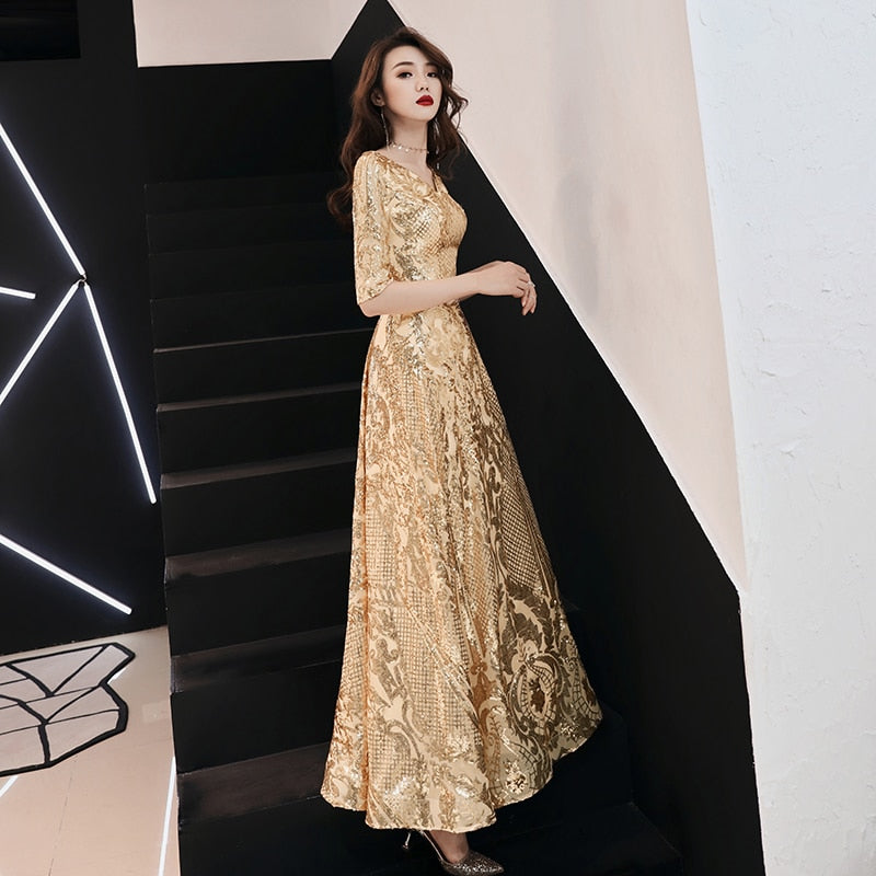 Evening wear Dresses: Red Evening Dresses Long Elegant V-neck A-line
