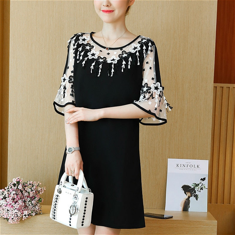 Fashion Elegant Patchwork Floral Lace Chiffon Dress Flare Short Sleeve Black