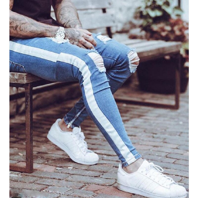 Skinny Jeans Men Hip Hop Stripe Elastic Slim Fit Denim Pants Male Stretchy Pencil