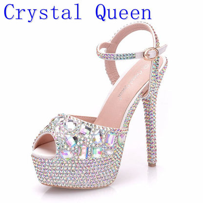 Diamond Women Super High Heels Wedding Pumps 14cm Peep Shoes  Platform 4CM  Wristband