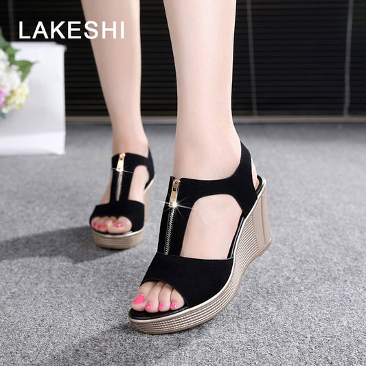 Women Sandals Wedge Sandals Platform Zip Summer Women Shoes Black Peep